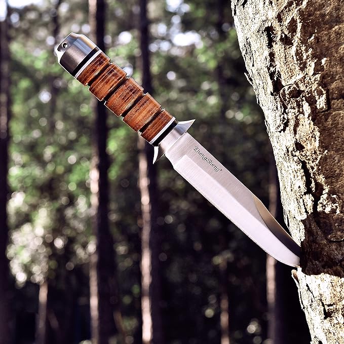 6.4" Fixed Blade Hunting Knife- Genuine Leather Handle Bowie Knives with Sheath Straight Edge for Camping, Hiking, Survival