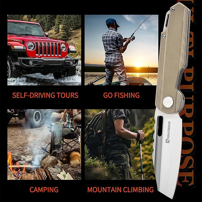 Folding Pocket Knife, 3.34 "D2 Steel BladeBlade G10 Non slip Handle Suitable for Daily Carrying Camping, Hiking, Fishing A-80003-2 (Khaki)