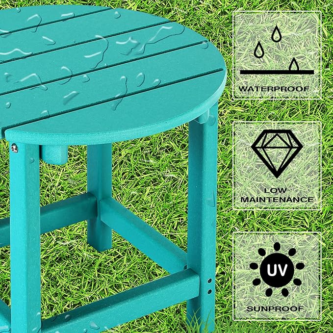 LZRS Round Adirondack Patio Side Table End Table, Outdoor Side Tables for Patio, Backyard,Pool, Indoor Companion, Easy Maintenance & Weather Resistant(Turquoise)