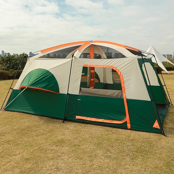 KTT Extra Large Tent 6-10-12-14 Person(A),Family Cabin Tents,2 Rooms,3 Doors and 3 Windows with Mesh,Straight Wall,Waterproof,Double Layer,Big Tent for Outdoor,Picnic,Camping,Family Gathering