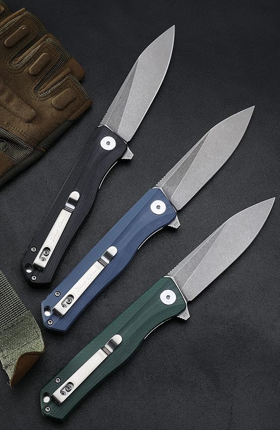 Petrified fish G10 handle D2 steel blade 2CR13 liner ball bearing flipper folding knife camping hunting EDC pocket tool PF818 (Blue, Satin)