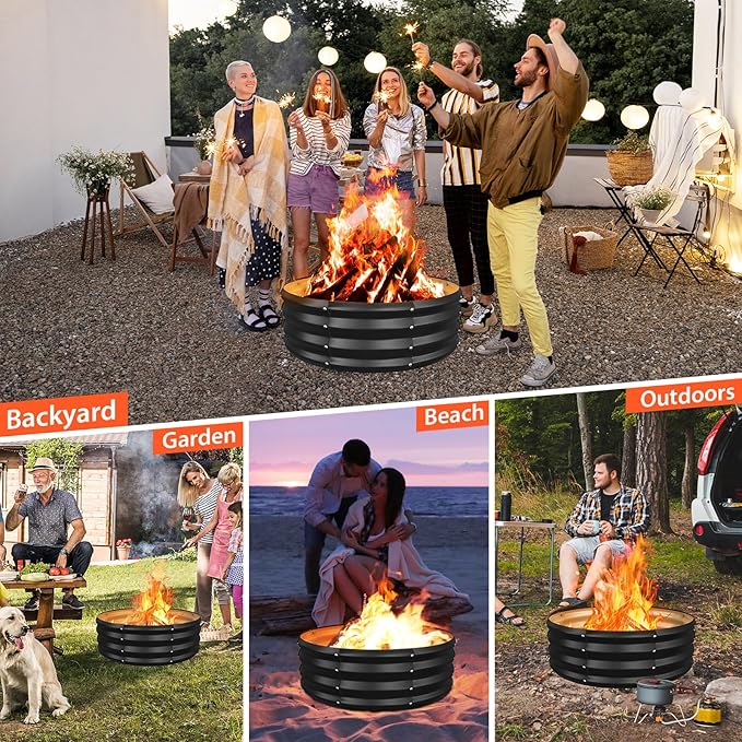 60 Inch Round Galvanized Fire Pit Ring/Fire Ring - Foldable and Perfect for Outdoor Gatherings and Campfires in The Yard/Garden/Park/Beach (Black+Gray, 5 FT Diameter+1 FT Tall)