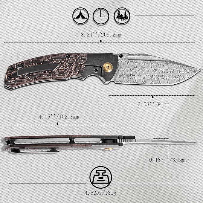 KANSEPT Hinterland Pocket Folding Knives for Men EDC Camping Folding Knife 3.58'' Damascus Blade Pocket Knife with Blackwash Titanium + Copper Carbon Fiber Handle Everyday Carry K1057A3