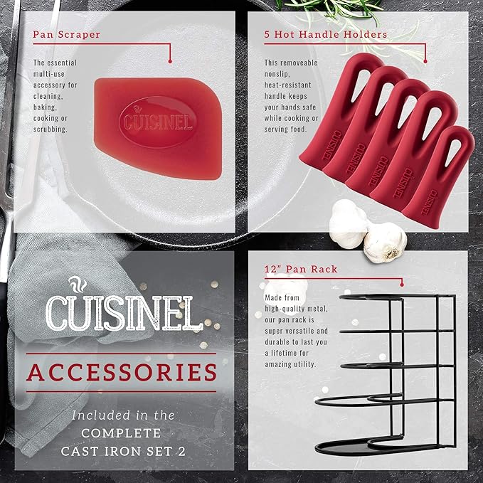 Cast Iron Cookware Set - 17-Piece Pre-Seasoned Kit - 8" Skillet + 10"+12" Skillets with Glass Lid + Grill Pan + Multi-Cooker/Dutch Oven + Flat Griddle + Pizza Pan + Pan Rack Organizer - Indoor/Outdoor