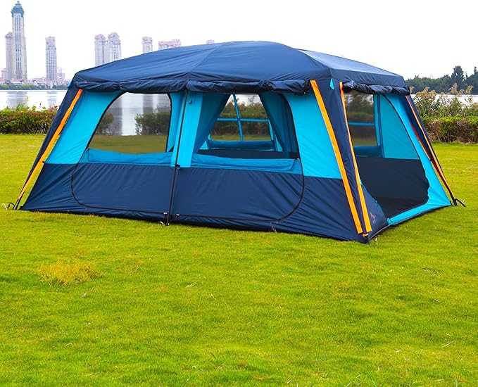 KTT Extra Large Tent 12 Person(A),Awning Family Cabin Tents,2 Rooms,3 Doors and 3 Windows with Mesh,Straight Wall,Waterproof,Double Layer,Big Tent for Outdoor,Picnic,Camping,Family Gathering。
