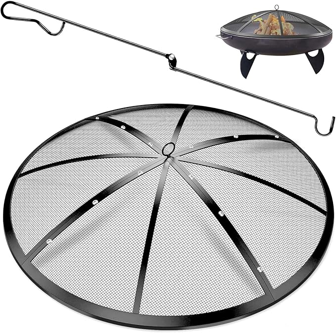 Fire Pit Spark Screen, 36Inch Fire Pit Lid Outdoor with Handle & Poker, Heavy-Duty Mesh Firepit Cove with 12 Reinforced Bars for Backyard/Beach/RV Camping