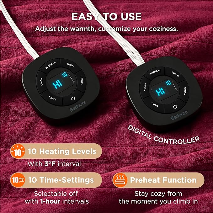 Bedsure Electric Blanket Queen Size - Dual Control Heated Blanket Queen, Fast Heating with 10 Time Settings & 10 Heat Settings, Warm Gift for Grandma (84x90 inches, Burgundy)