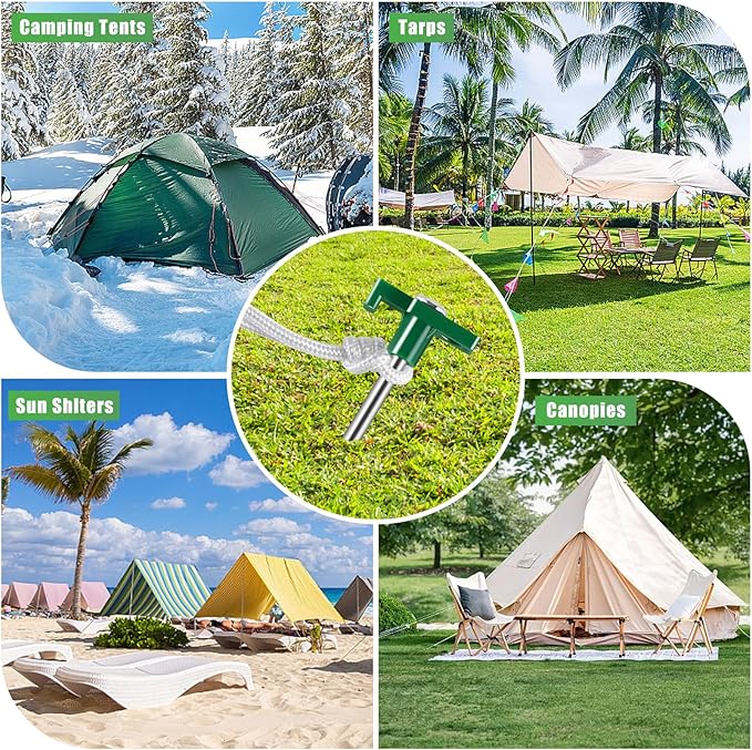 20 Pcs Metal Tent Stakes Heavy Duty,10 inch Camping Stakes Tent Pegs with 4x10ft Ropes,Galvanized Non-Rust Camping Tent Stakes,Pop Up Canopy Stakes,Tent Spikes for Outdoor Camping,Green