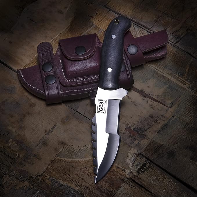 GCS Handmade D2 steel Hunting and Tactical Knife with Micarta Handle Fixed Blade Survival Knife Right Hand Scout Carry leather Sheath for Hunting Camping and EDC GCS 304 - Silver Fang