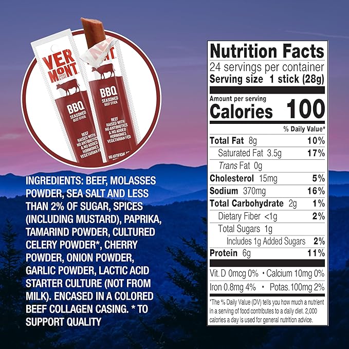 Snack Sticks by Vermont Smoke & Cure – BBQ Seasoned – Beef – Healthy Meat Protein – 1oz Jerky Stick – 24 count carton