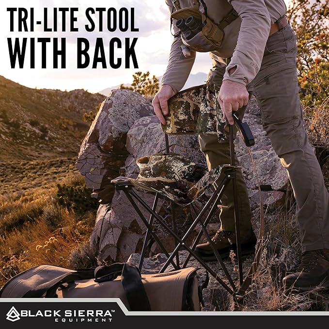 Black Sierra XL Tripod Hunting Stool w/Backrest, Lightweight Portable Fishing Chair w/Cupholder and Carry Strap, Supports 225 Lbs, Portable Outdoor Chair for Hunting, Camping, Travel, Hiking