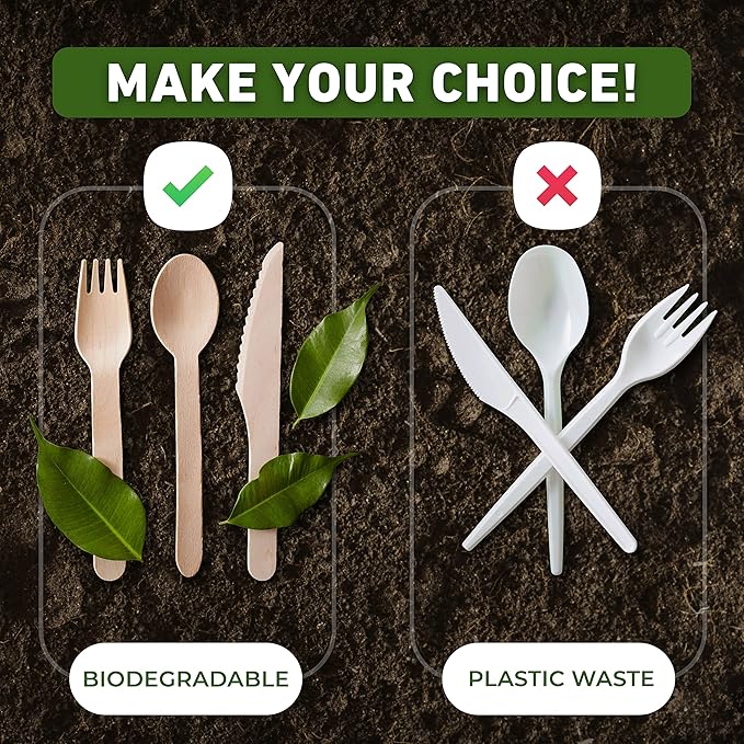 Disposable Wooden Cutlery Set - 300 Count (100 Forks, 100 Knives, 100 Spoons) – Plastic-free Packaging - Biodegradable Silverware and Splinter-free Compostable Utensils for Parties