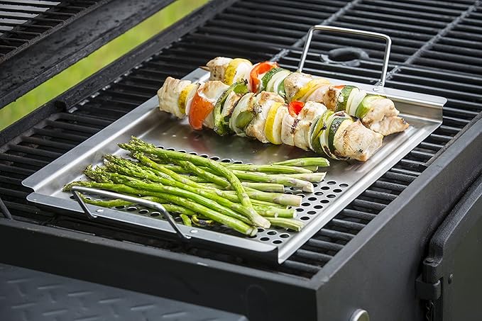 TableCraft BBQ2013, Stainless Steel Grilling Pan with Dual Surface and Handles, for Gas and Charcoal Grills, Keeps Food Secure, 18.75" x 12", Silver – Ideal for Outdoor BBQs