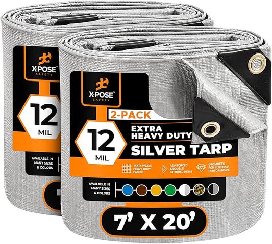 Heavy Duty Silver Poly Tarp 7' X 20' (2-Pack) - Multipurpose Protective Cover - Durable, Waterproof, Weather Proof, Rip and Tear Resistant - Extra Thick 12 Mil Polyethylene - by Xpose Safety