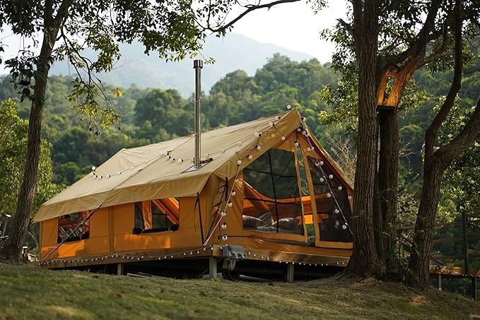 Panda Inflatable Tents for Camping with Stove Jack, Canvas Blow Up, Easy Setup Inflatable Tent, Waterproof Hot Inflatable Outdoor House, Casa de Campaña with Hand Pump
