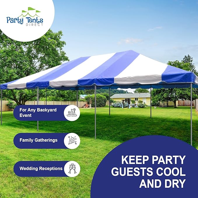 Party Tents Direct 20'x40' Weekender West Coast Tent Frame Party Tent (Blue/White) PVC Top with Storage Bag - Tents for Parties, Weddings, Birthdays, Banquets, Fiestas, Workshop, Outdoor Event