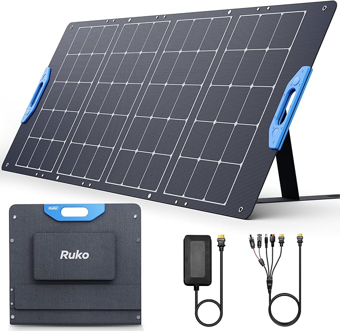 Ruko RK200 200W Portable Solar Panel, Foldable Monocrystalline Panel Charger with 23.5% Efficiency, Charging Expansion Box, IP67 Waterproof, Adjustable Kickstand for RVs, Camping, Blackout