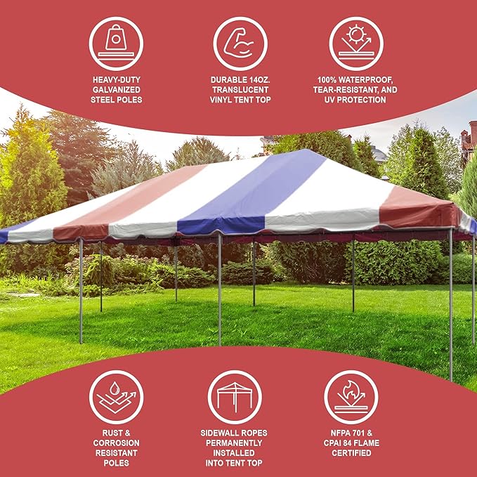 Party Tents Direct 20'x40' Weekender West Coast Tent Frame Party Tent, Red, White and Blue, PVC Top With Storage Bag, Tents for Parties, Weddings, Birthdays, Banquets, Fiestas, Workshop, Outdoor Event