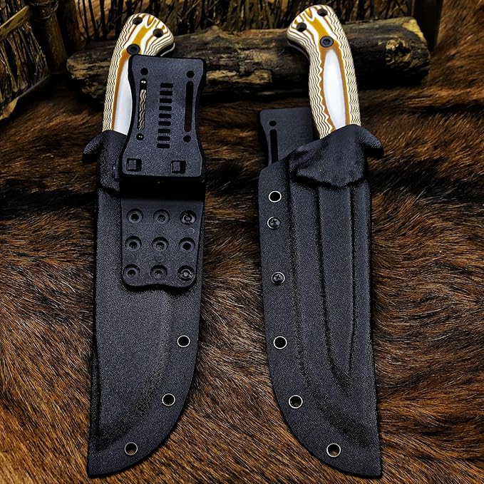 BA-KOR 12.4in Full Tang Fixed Blade Hunting Knife โ 6mm 9CR18MoV Steel, G10 Handle, Stonewashed Sawback Blade with Kydex Sheath & Fire Starter for Outdoor, Camping, Survival (White and brown stripes)