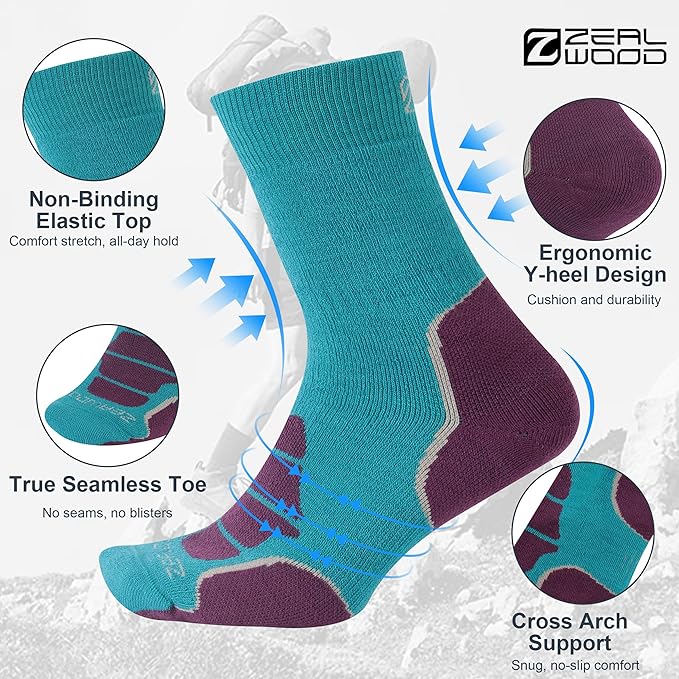 ZEAL WOOD Merino Wool Crew Hiking Socks for Women And Men with Full Cushion Moisture Wicking Walking Work Boot Socks