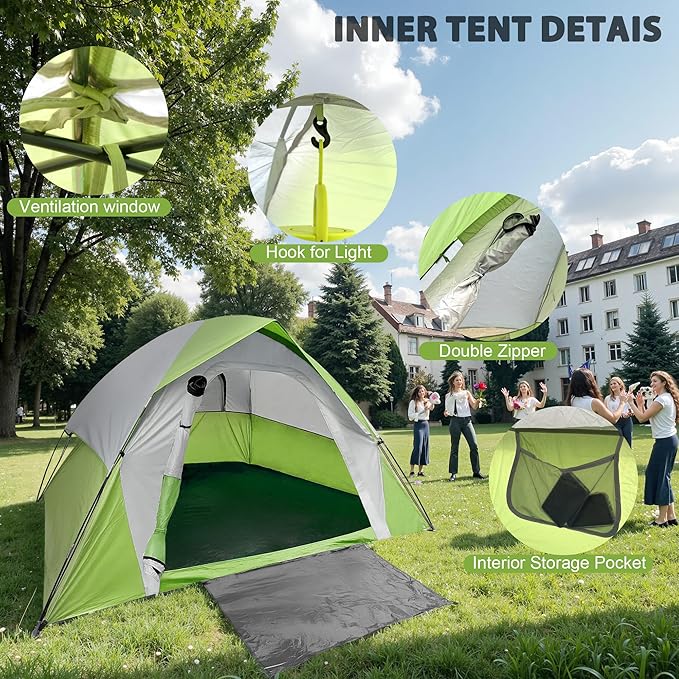 6 Person Dome Camping Tent, Double Layer Waterproof, Removable Rain Fly, for Outdoor Hiking, Fishing (6 People Green)