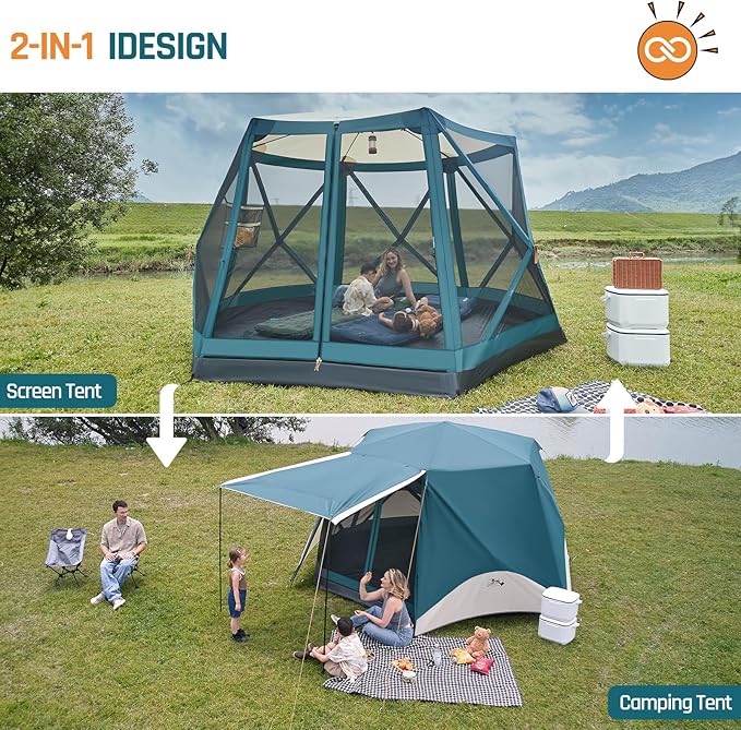 Instant Tents for Camping Pop Up Screen Tent with Floor, 6 Person Large Family Camping Tent with Rainfly and Porch, Easy 60S Setup Hub Tent for Outdoor Picnic Backyard, 11.5'L x 10'W x 6.83'H