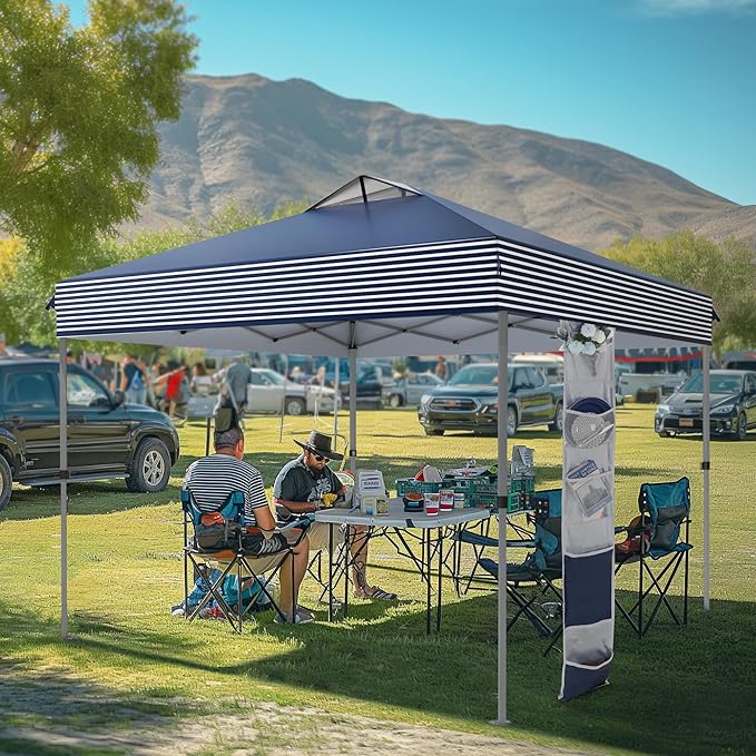 MFSTUDIO Pop Up Canopy Tent, 10x10 Outdoor Canopies One Push Setup Instant Portable Shelter Tens with Vented Top, Storage, 4 Sandbags, Beach Canopy, Blue White Stripe