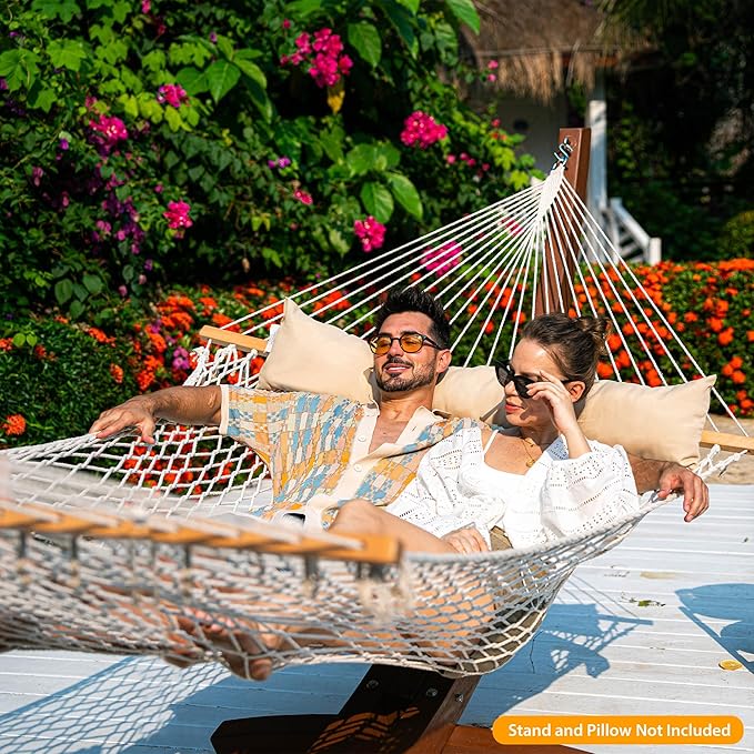 Lazy Daze Hammocks Double Rope Hammock, 2 Person Traditional Outdoor Hand Woven Cotton Rope Hammock with Spreader Bar, Chains, Tree Straps for Patio Yard - Max 450 Lbs, Natural