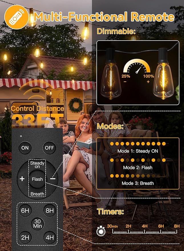 Ollny 50+2 LEDs ST38 Solar String Lights, 100 FT USB & Solar Dual Charging Outdoor String Lights, 3 Modes 5 Timers 10 Brightness 2200K Waterproof Patio Lights for Porch Garden Market Bistro Camping