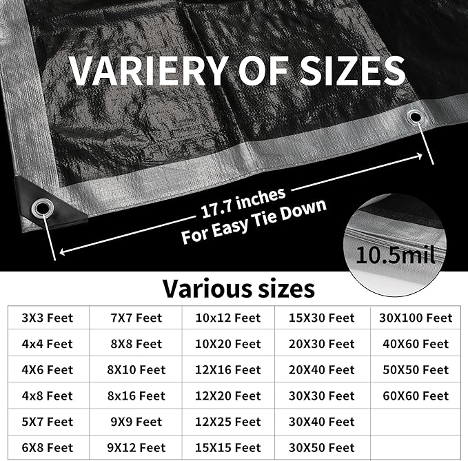 TARPAL 12x16 Feet Tarps Silver 10.5Mil Multipurpose Protective Cover Heavy Duty Tarp Waterproof,Snow or UV Protection,Durable Reinforced Edges