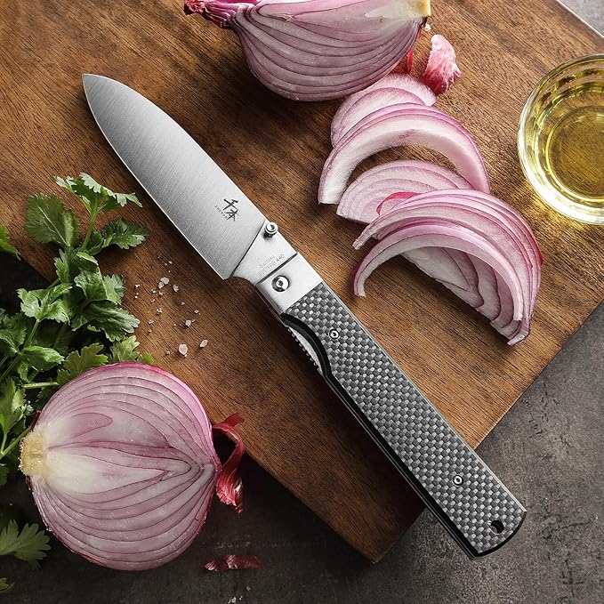 SENBON 440 Stainless Steel Sharp Pocket Folding Chef Knife Peeling Utility Knife Fruit Knife Carbon Fiber Handle Camping Barbecue Outdoor Fruit Knife with Back Clip