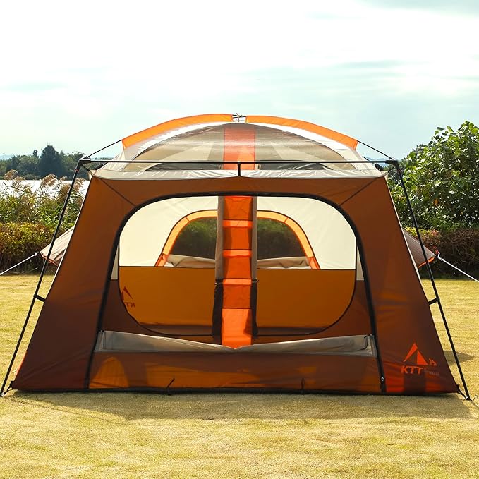 KTT Extra Large Tent 6-10-12-14 Person(A),Family Cabin Tents,2 Rooms,3 Doors and 3 Windows with Mesh,Straight Wall,Waterproof,Double Layer,Big Tent for Outdoor,Picnic,Camping,Family Gathering