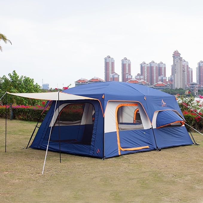 KTT Extra Large Tent 6-10-12-14 Person(A),Family Cabin Tents,2 Rooms,3 Doors and 3 Windows with Mesh,Straight Wall,Waterproof,Double Layer,Big Tent for Outdoor,Picnic,Camping,Family Gathering