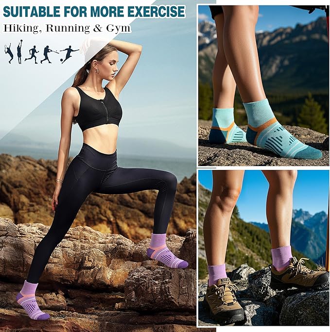 EBMORE 6 Pairs Merino Wool Ankle Hiking Running Socks Compression Support Thick Cushion No Show Socks for Men Women
