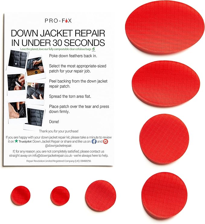 Self-Adhesive Waterproof Repair Patch Kit - 30-Second Fix for Down Jackets, Tents, Sleeping Bags, Backpacks, Outdoor and Camping Gear - Pre-Cut Nylon, Multiple Colors (Red)