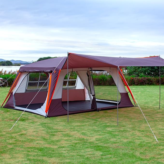 KTT Extra Large Tent 12 Person(A),Awning Family Cabin Tents,2 Rooms,3 Doors and 3 Windows with Mesh,Straight Wall,Waterproof,Double Layer,Big Tent for Outdoor,Picnic,Camping,Family Gathering。