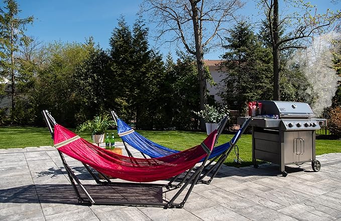 Best Home Fashion Hammock for 2 Persons with Collapsible Steel Stand 600 lbs Capacity- Portable Carrying Case, Adjustable, Perfect for Camping Beach Patio, EZ Daze Foldable Hammock with Stand- RED