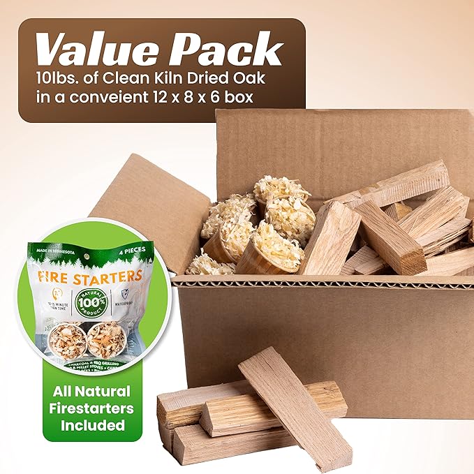 Fire Wood for Pizza Oven - Oak Mini Firewood for Solo Stove, Certified Kiln Dried for Hot Burning, All Natural, 10lbs with Firestarters Included, Perfect for Camping, Cooking, Outdoor