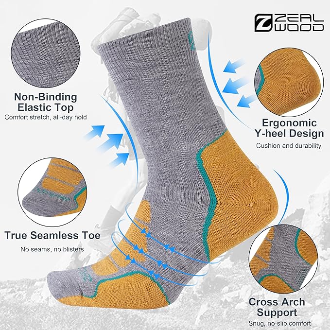 ZEAL WOOD Merino Wool Crew Hiking Socks for Women And Men with Full Cushion Moisture Wicking Walking Work Boot Socks