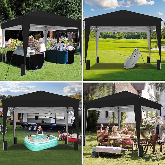 SANWAY 10x10 Pop Up Canopy Tent, One-Button Easy Setup, Outdoor Sun Shade for Events, Camping, Parties, Beach Tent - Black (Black, 10'x10')