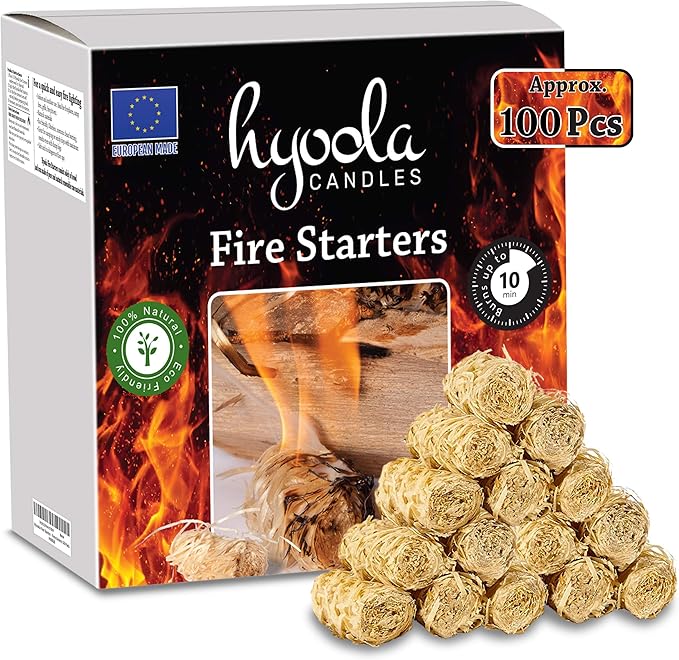 Hyoola Firestarters, 100% Natural Fire Starters, Easy to Use for BBQ & Grill, Campfire, Charcoal, Fire Pit and Waterproof for Indoor/Outdoor Use, No Flare Ups, 10 Minute Burn, 100 Firelighters