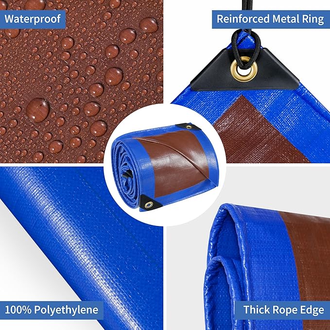 TARPAL 12x25ft Waterproof Heavy Duty Tarp 16Mil Thick with Metal Grommets Every 17.7" Large Multipurpose Tarp Tear-Resistant UV Protection Covers Roof, Pool,Car,Firewood&Outdoor Furniture(Blue/Brown)