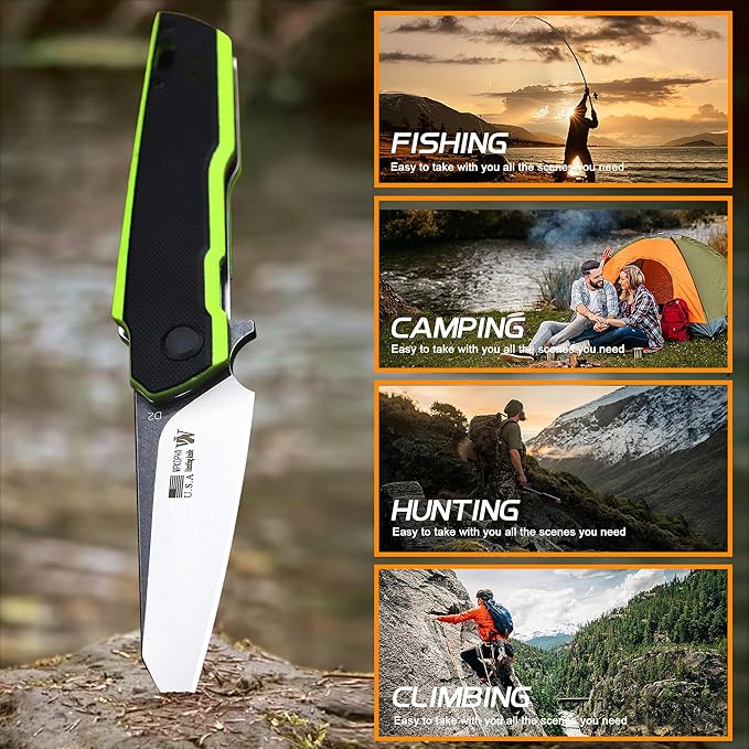 7.8in Folding Pocket Knife with D2 Steel Blade, G10 Handle, Ball Bearing Pivot, Stonewashed Finish – Outdoor EDC Utility Tool for Camping, Hiking, Survival Use(G10 - Black/Green)