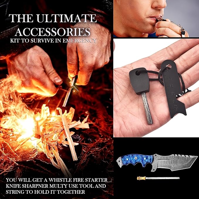 KIMPE 10.5’’ Damascus Hunting Knife with Leather Sheath-Fixed Blade EDC Knife-Bushcraft Knives-Wood Handle-Best Camping & Survival Knives-Knives for Men. (Pakka-Blue)