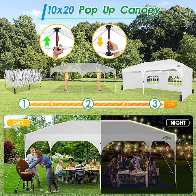 COBIZI 10x20 Pop up Canopy Tent with 4 Sidewalls Outdoor Canopy Tent for Party with Push Center Lock & Air Vent, 2000mm+Waterproof Gazebo Canopy UPF 50+with 4 Sandbags,12 Stakes & 6 Ropes,White