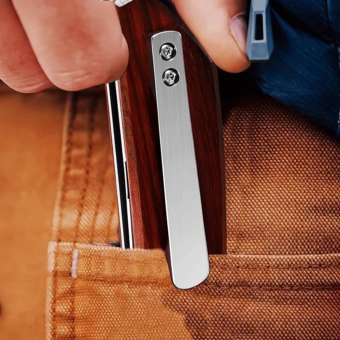 Small Folding Pocket Knife, Drop-Point D2 Blade, Sturdy Wooden Handle, Deep Carry Pocket Clip – Ideal for Camping, Hunting, Hiking & EDC, Gift for Women, Men