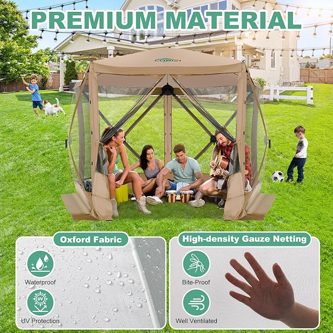 COBIZI 10x10ft Pop up Gazebo Screen House Tent for Camping, Pop-up Camping Canopy with Mesh Windows,Portable Outdoor Quick-Set Hub Tent with Carrying Bag&Ground Stakes,Khaki(Upgraded 2.0)