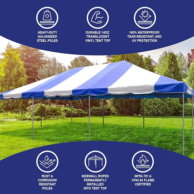 Party Tents Direct 20x30 Canopy Tent - Steel Frame - Outdoor Gazebo Pavilion Sun Shade Camping Shelter - Blue Vinyl Heavy Duty Waterproof Tent Cover - Event Tents for Parties Wedding