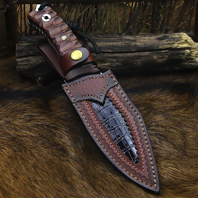 BA-KOR Yellow pear wood handle 6mm 9CR18MOV steel (10.6IN) full Tang forged fixed knife + sheath & (5.9IN) iron ceric igniter, suitable for outdoor camping, tactical survival, EDC, hunting knife (6mm - King Crocodile)