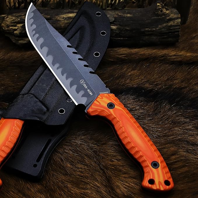 BA-KOR 12.4in Full Tang Fixed Blade Hunting Knife โ 6mm 9CR18MoV Steel, G10 Handle, Stonewashed Sawback Blade with Kydex Sheath & Fire Starter for Outdoor, Camping, Survival (Orange with light yellow stripes)